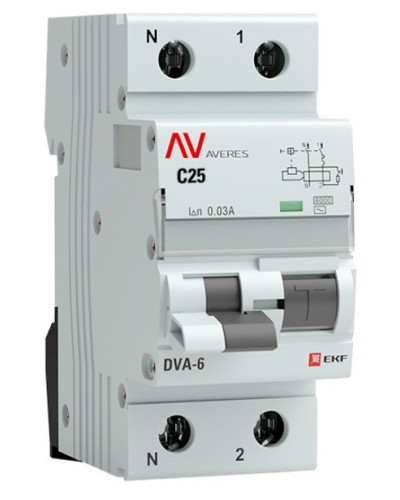 DVA-6 1P+N 25А (C) 30мА (AC) 6кА  AVERES (rcbo6-1pn-25C-30-ac-av). Автоматический выключатель дифференциального тока. EKF в Кемерово